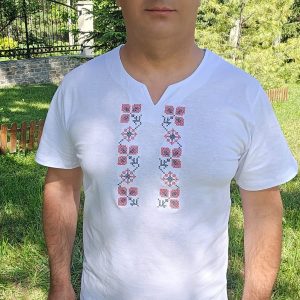 Мъжка Памучна Тениска с Бродирана Шевица, Къс ръкав, Бяла