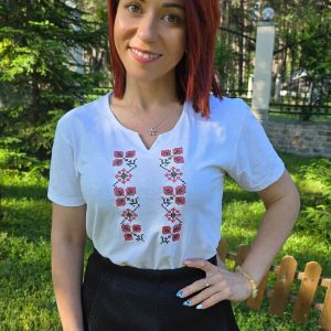 Дамска Памучна Тениска с Бродирана Шевица, Къс ръкав, Бяла