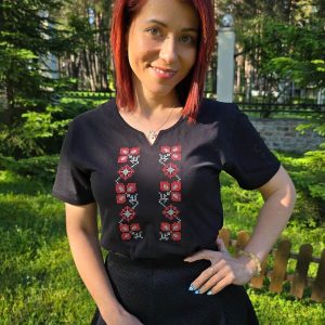 Дамска Памучна Тениска с Бродирана Шевица, Къс ръкав, Черна