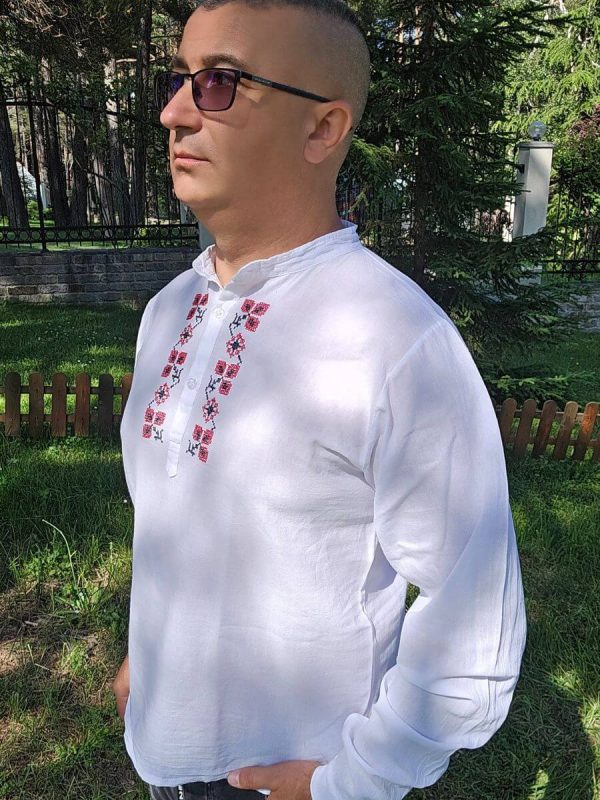 Мъжка Кенарена Риза с Бродирана Шевица, Дълъг ръкав, Бяла - Image 3