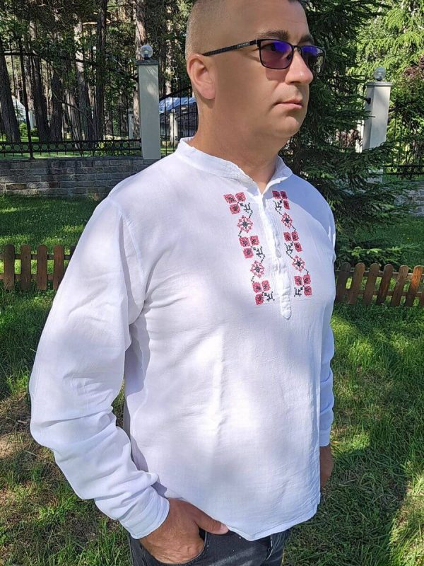 Мъжка Кенарена Риза с Бродирана Шевица, Дълъг ръкав, Бяла - Image 4