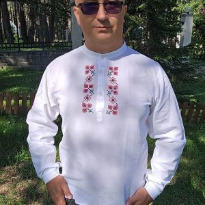 Мъжка Кенарена Риза с Бродирана Шевица, Дълъг ръкав, Бяла