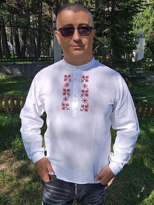 Мъжка Кенарена Риза с Бродирана Шевица, Дълъг ръкав, Бяла