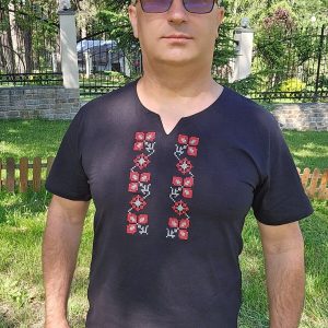 Мъжка Памучна Тениска с Бродирана Шевица, Черна