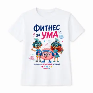 Тениска с надпис "Фитнес за ума", С героите Виво и Вива, Детска, Бяла, Памучна, с авторски дизайн от Вивабук