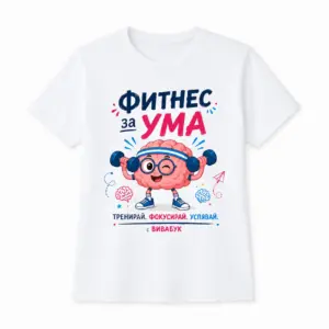 Тениска с надпис "Фитнес за ума", Детска, Бяла, Памучна, с авторски дизайн от Вивабук