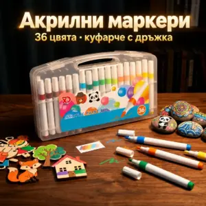 Акрилни маркери 36 цвята в куфарче – сцена на тъмна маса с рисувани предмети и отворени маркери