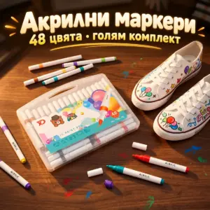Акрилни маркери 48 цвята в куфарче – сцена на тъмна маса с рисувани предмети и отворени маркери