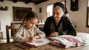 Баба и внучка рисуват български шевици на лист на квадратчета до бродирана риза