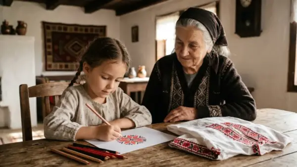 Баба и внучка рисуват български шевици на лист на квадратчета до бродирана риза