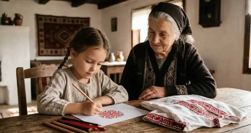 Баба и внучка рисуват български шевици на лист на квадратчета до бродирана риза
