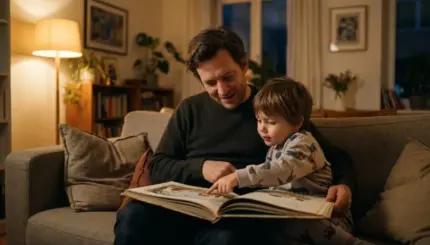 Баща чете приказка на глас, а детето сочи картинка в книжката