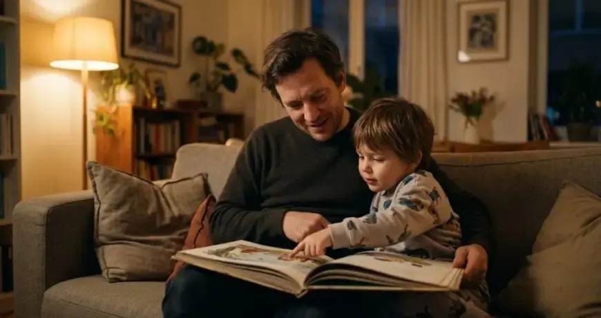 Баща чете приказка на глас, а детето сочи картинка в книжката