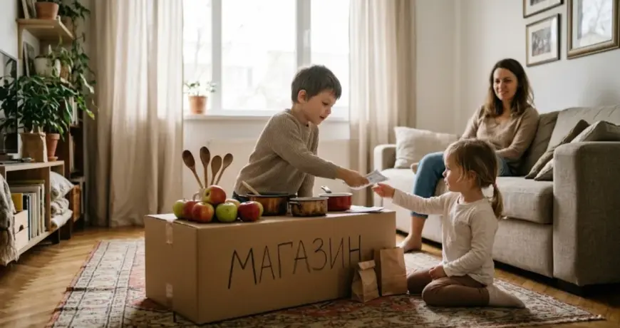 Две деца играят ролеви игри на магазин в хола с картонена кутия, ябълки и хартиени пари