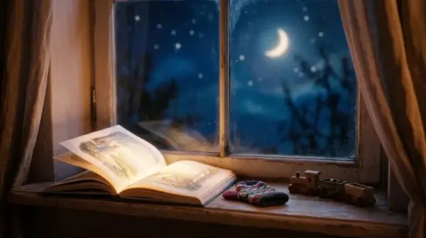 Отворена книжка с вълшебни приказки за лека нощ на прозореца под луната