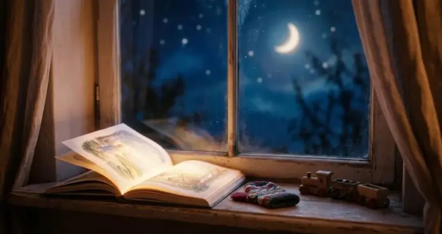 Отворена книжка с вълшебни приказки за лека нощ на прозореца под луната